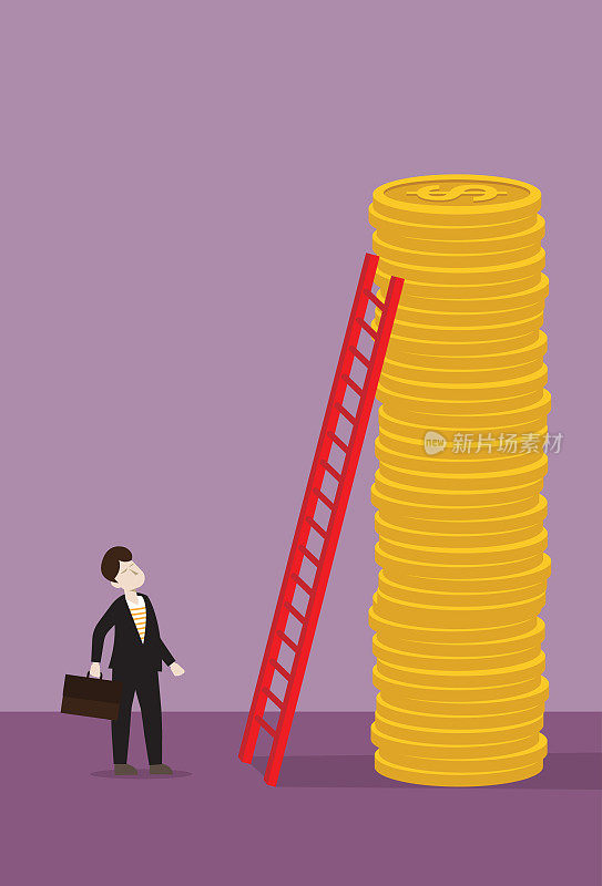 Businessman looking top of coin stack with red ladder